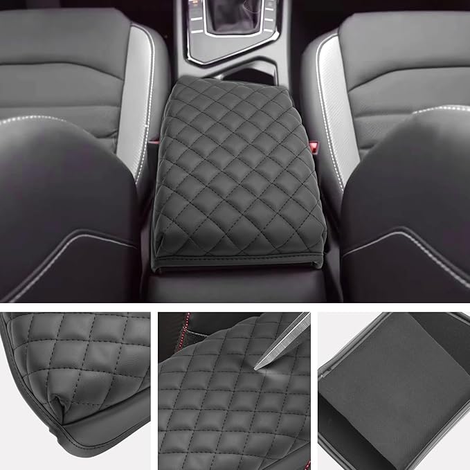 SXCY for 2024 2025 2026 VW Taos Armrest Cover for Volkswagen Taos 2024 2025 2026 Accessories 2022 2023 2024 2025 2026 Taos Center Console Cover 2024-2026 Taos Middle Console Cover (Black Leather Pad)