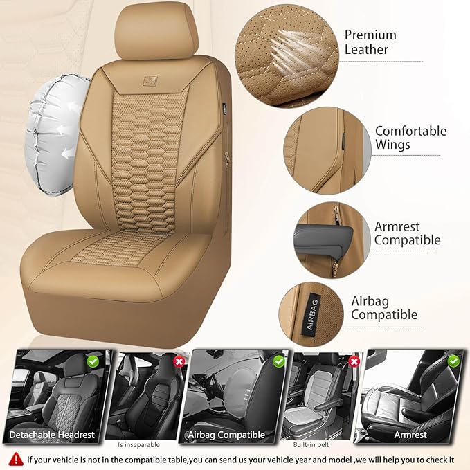 CAR PASS 3D Foam PU Leather Car Seat Covers Full Set,Tan Breathable Faux Leather Seat Covers for Car,Anti Slip Universal Fit for SUVs Vans Sedan Truck Automotive,Armrest Airbag Compatible All Beige