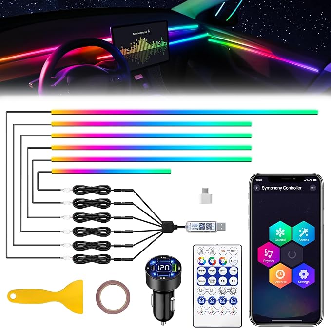 Dreamcolor Acrylic Interior Car LED Strip Light with USB/Type C/4-Port Cigarette Lighter, RGB 6 in 1 with 179.24 inches 650 LEDs Ambient Lighting Kits, Sound Active Function Neon Led Strips for Car