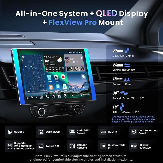 ATOTOZONE X10 12.5" QLED Floating Display Android Car Stereo, Single/Double-DIN, Dual-Cam DVR, AI Vision, Re-Mote LiveView, 7.1.2 Audio, 4V RCA, HDMI in, ADS Protocol, 8G+128G, 4G LTE, Parking Guard