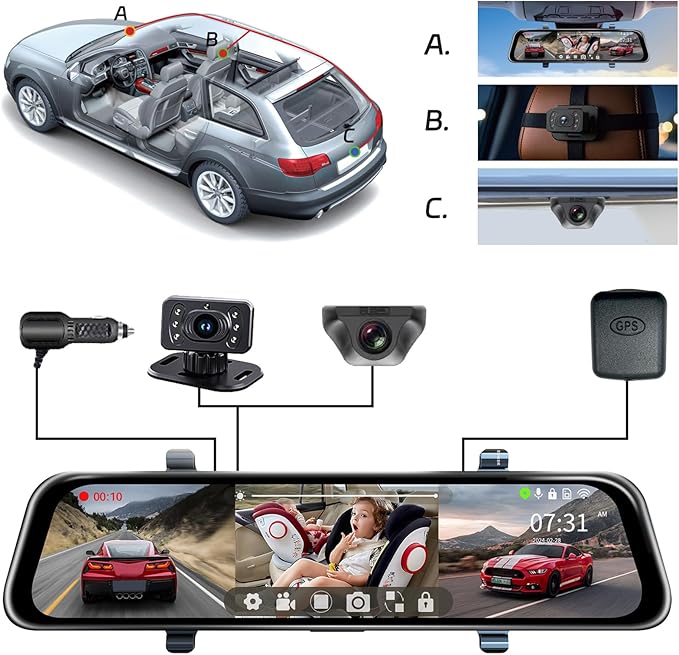 L09 12" 4K Mirror Dash Cam and Backup Camera with Front and Rear Dual Cameras, Built-in GPS, Wi-Fi, Loop Recording, G-Sensor, WDR, and HDR Night Vision, Includes 128GB Memory Card