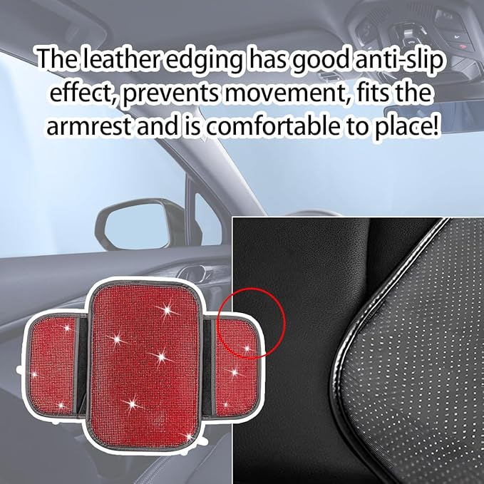 Bling Car Center Console Cover, Crystal Rhinestone Vehicle Armrest Cover Cushion with 2 Storage Bags for Women Girls, Diamond Auto Storage Box Protector Pad, Universal Fit (Red)