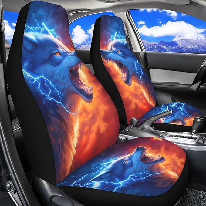 Fashion Wolf Car Front Seat Covers Elastic Fabrics Universal Front Seat Cover Removable Automotive Accessories Easy Installation Suitable for Cars SUV