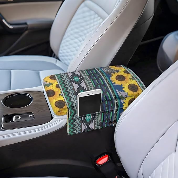 Tupalatus Aztec Center Console Cover Car Accessories Sunflowers Decor Comfort Armrest Cover Non-Slip Auto Console Cushion Pad with Pockets Fit for Most Vehicle, SUV, Truck