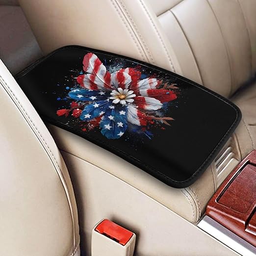 American Flag in Red Flower Car Auto Armrest Cushion Cover Accessories Center Console Seat Box Pad Protector Universal Decoration for Most Vehicle SUV Truck