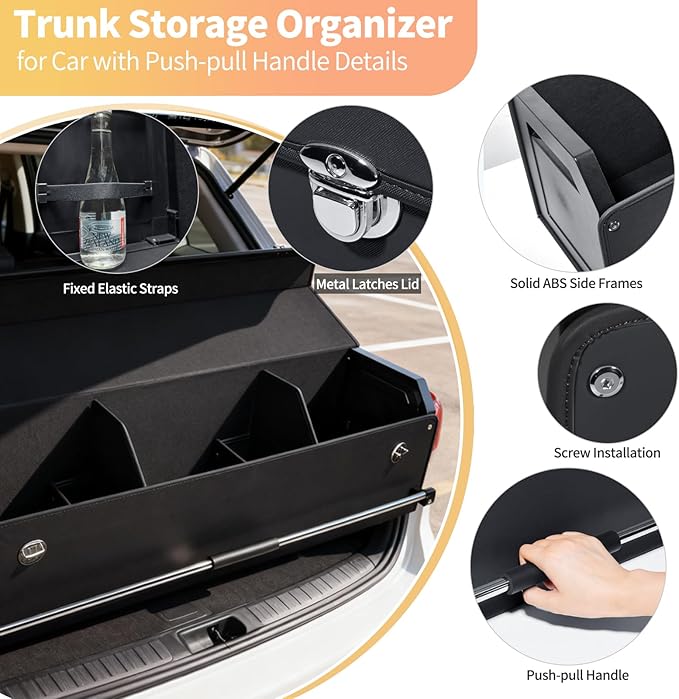 SUV Trunk Organizers, Leather Car Trunk Storage Organizer with Lid & Push-pull Handle, Large Capacity Waterproof Cargo Storage Box for SUVs Sedans Vans (39.7 x 11.4 x 12.2in)