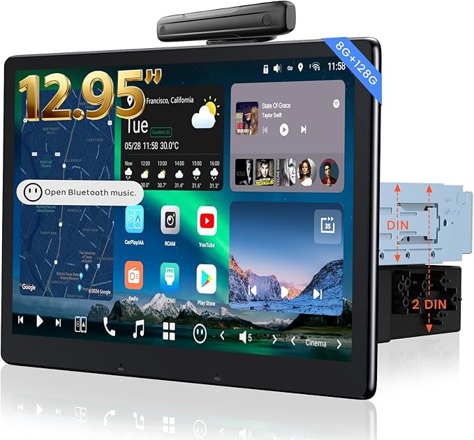 12.95" QLED AI Agent Android Single DIN & Double DIN Car Stereo, Floating Screen, 8G+128G in-Dash Navigation, Golden Hour Alert, 4G LTE, 7.1.2-Ch Audio, HDMI in, Car IoT Hub, Wireless CP&AA,X10G129E