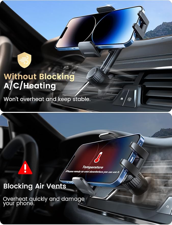 Phone Holders for Your Car: [Never Blocking] Air Vent Cell Phones Mount for iPhone 17 Pro Max & Samsung Android Smartphone [Thick Cases Friendly] Hands-Free Auto Mobile Phone Stand