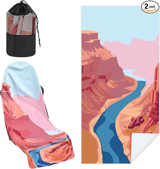 2 Pack Car Seat Towel Covers with Storage Bag 63 x 32 Inch Athletic Running Towel Seat Sweat Washable Non Slip Cover Gift for Car Outdoor Sport Activities (Grand Canyon)