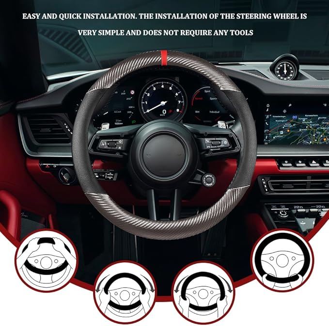 Car Steering Wheel Cover, Steering Wheel Accessories, 15 Inch Microfiber Leather Carbon Fiber Soft Anti-Slip Breathable, Car Accessories Elastic Non-Slip Cover for Most Vehicles (Black Gray)