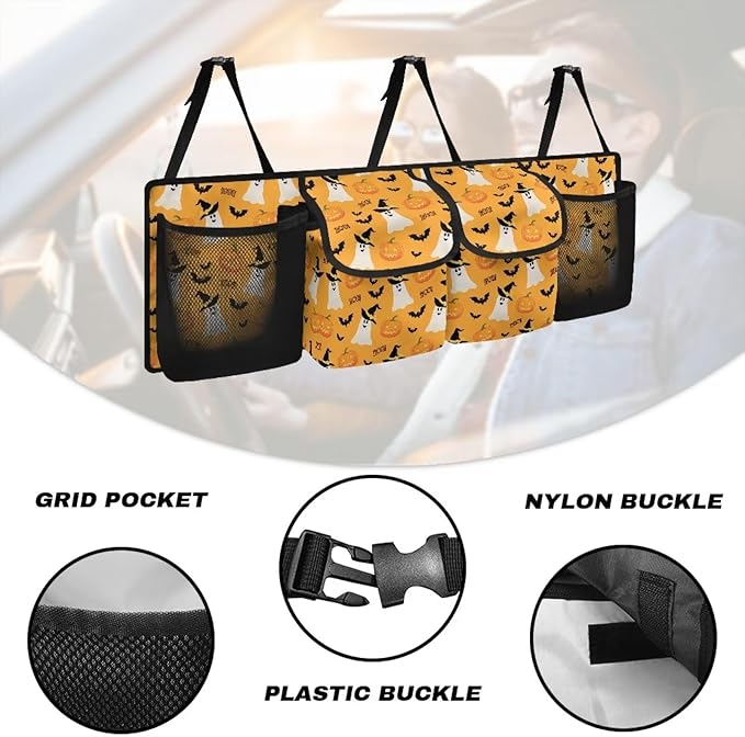 Hanging Car Trunk Organizer with 4 Pockets Halloween Spooky Bats Auto Back Seat Storage Bag Auto Interior Accessories for Sedans SUV MPV Trucks Jeep Pickup