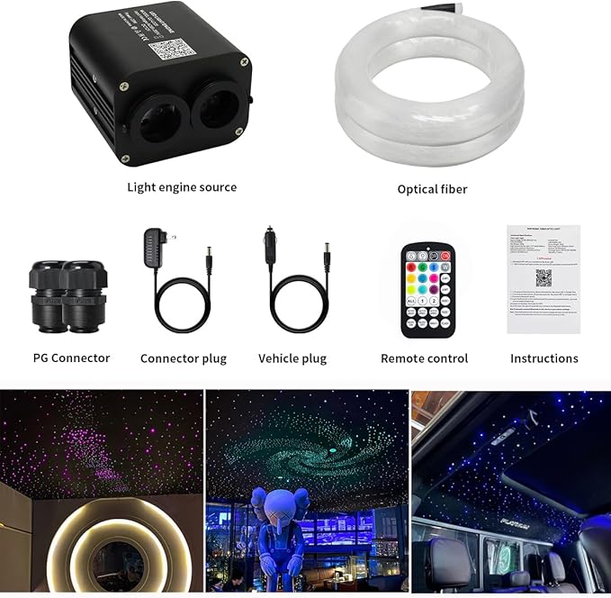AZIMOM Dual Color 20W Twinkle 1200pcs Fiber Optic Starlight Headliner Kits 0.03in 13.1ft Fiber Strands End Glow Sound Activated Remote APP Control RGBW Light Source Home Ceiling Car Headliner Décor
