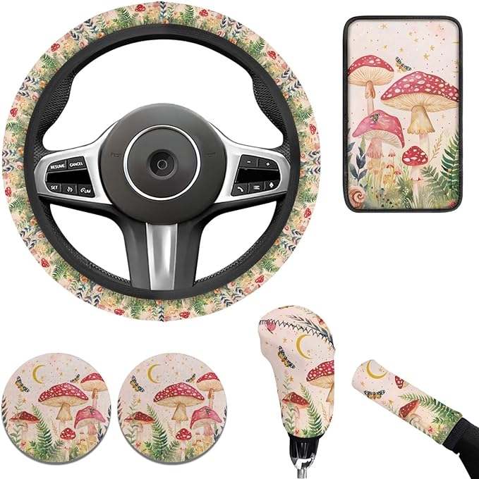 Red Mushroom Print Car Interior Accessories Cute Mushroom Car Steering Wheel Cover for Women Cup Coaster Handbrake Gear Cover Suit for Truck Vans SUV 6pcs