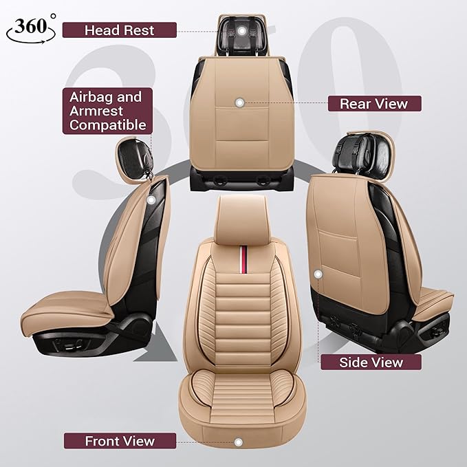 OASIS AUTO Car Seat Covers Front Seats Premium Waterproof Faux Leather Cushion Universal Accessories Fit SUV Truck Sedan Automotive Vehicle Auto Interior Protector (OS-001 Tan)