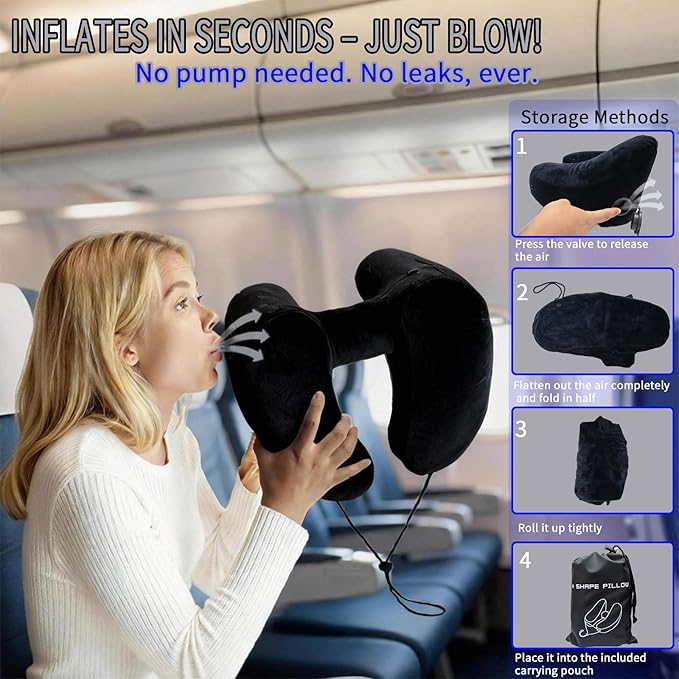 H-Shaped Travel Pillow with Snap-On Hood – Ergonomic Neck Support with Plush Velvet Cover, Instant Inflation & Compact Bag – for Airplane, Car, Office & Long Trips (Black)