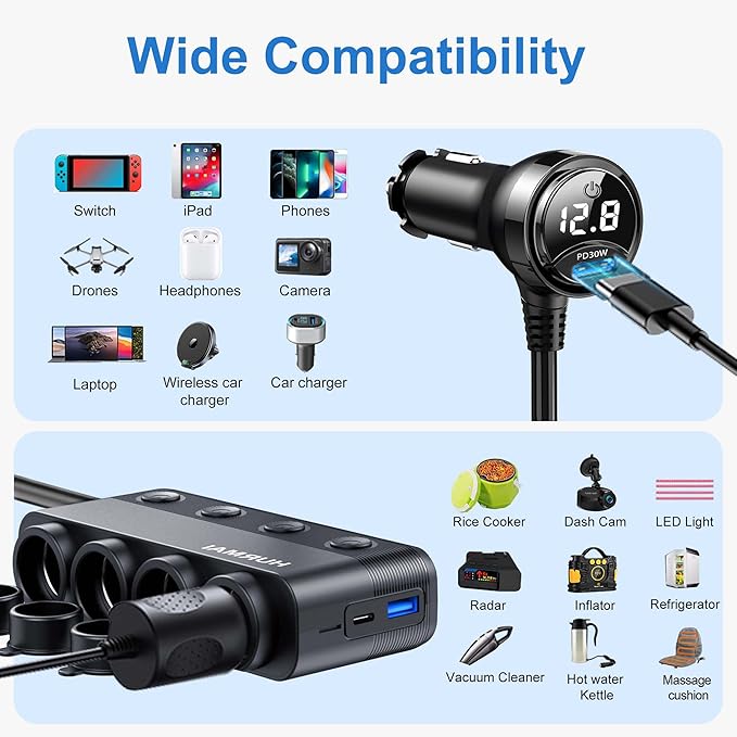 HURMAI Cigarette Lighter Splitter Adapter 216W 4 Socket Heavy Duty Truck Car USB Chager Multi Port with PD30W/QC3.0 Charge USB C 12V/24V Independent Switches & Dust Cover & Waterproof for Car Devices