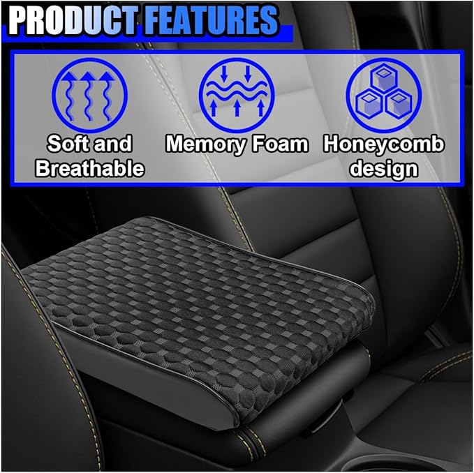 Cool Car Center Console Cushion Pad, Comfortable Ice Silk Car Armrest Cover, Breathable Vehicle Armrest Seat Box Pad Memory Foam, Auto Interior Protection Accessories, Universal for Summer (Black)