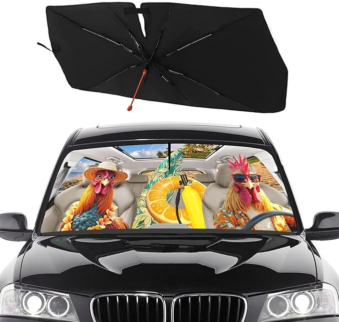 Socira Funny Rooster Chicken Car Windshield Sunshade Umbrella Foldable Umbrella Sun Shade Windshield Cover Sunshade Car Accessories Blocks Uv Rays Keeps Cool (57" X 30")