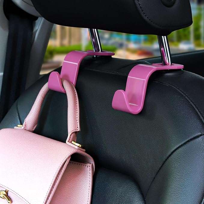 Soleebee 4 Pack Car Headrest Hooks - Universal Auto Hooks, Back Seat Hangers, Storage Organizer (Hot Pink)