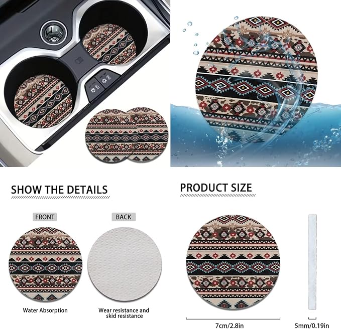 FKELYI Brown Aztec Car Interior Accessory Set - Seat & Headrest Covers, Gear Shift & Handbrake Knobs, Steering Wheel Cover, Cup Coasters