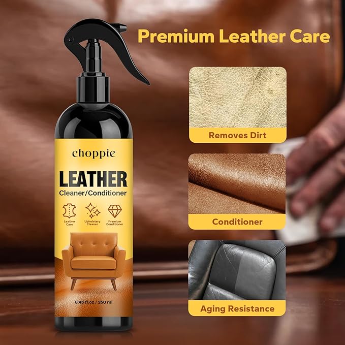 Choppie Leather Cleaner and Conditioner (8.45 Fl Oz), Leather Repair for Furniture & Car Interior, Leather Seat Couch Cleaner, Premium Leather Care and Protection
