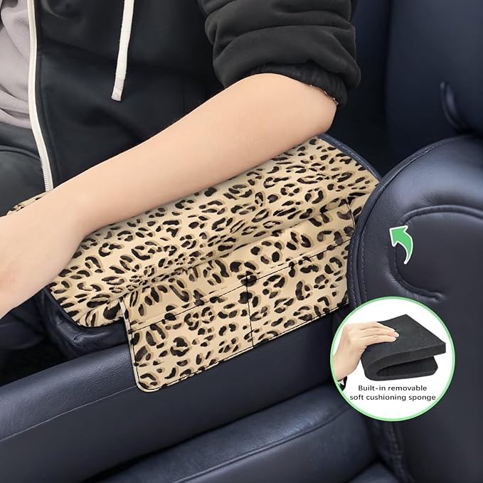 Car Center Console Cover, Leopard Print Soft and Comfortable Car Armrest Box Pad with 4 Storage Bags, Non-Slip Car Interior Accessories Arm Rest Cushion for Car Truck SUV Van