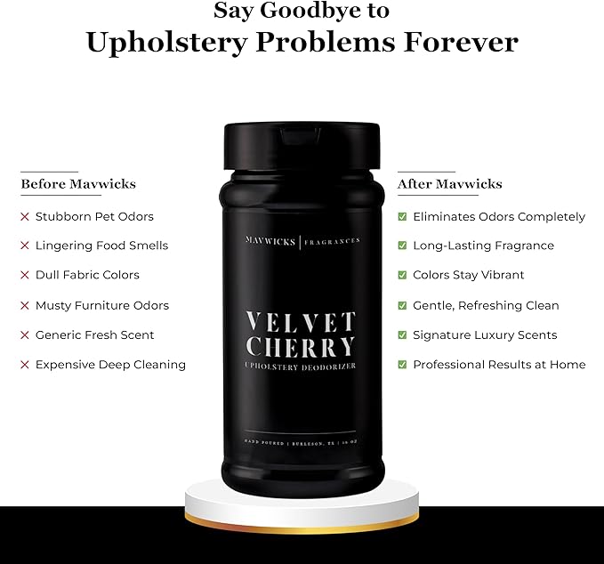 Mavwicks Fragrances - Upholstery Deodorizer (Velvet Cherry) 16 Oz - Rug, Couch & Carpet Deodorizer - Vacuuming Powder, Pet Safe Carpet Freshener Powder - Odor Eliminator for Home