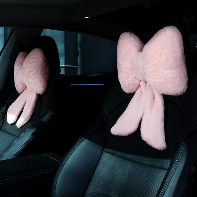 Macarrie 2 Pcs Car Neck Pillow Plush Butterfly Bow Car Headrest Pillow Comfortable Seat Neck Support Cute Head Rest Accessories for Driving Travel Driver Chair Girl Style Interior Decor(Pink)