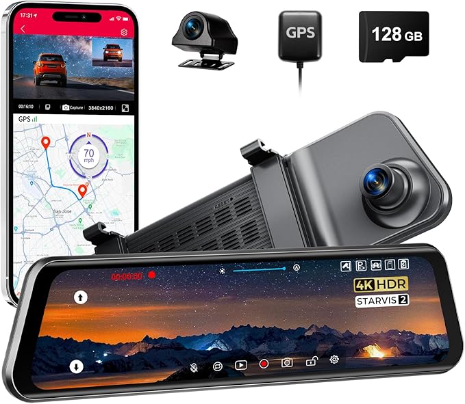LD4K Max Mirror Dash Cam with 4K Front and 2.5K Rear Camera, STARVIS 2 Sensor, with ADAS BSD LCA Smart Mode, GPS, G-Sensor, Loop Recording, Parking Monitor, Voice Control, 5.8GHz WiFi,128GB Card