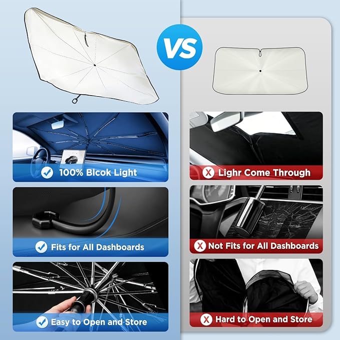 2026 Upgraded Windshield Sun Shade Umbrella [7-Layer Vinyl Coating Heat Shield] Foldable Front Window Sunshade Umbrella Flexible Handle Protect Interior from UV Keep Car Cooler (61" x 34.5")