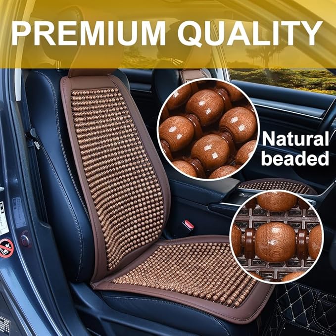 JSCARLIFE Tilia Wood Beaded Car Seat Cover - Breathable Ergonomic Driver Cushion for Cars/Trucks/SUVs | Hand-Knotted Beads, Lumbar Support & Cooling Tech (Brown)