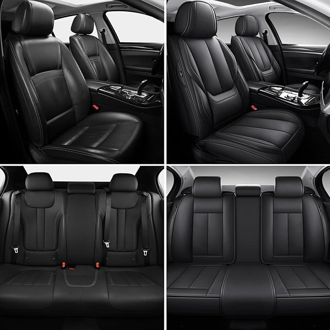Black Car Seat Cover with Lumbar Support, Car Seat Protector Waterproof, Nappa Leather Car Seat Cushion, Car Seat Covers Front Seats and Back Fit for Most Cars