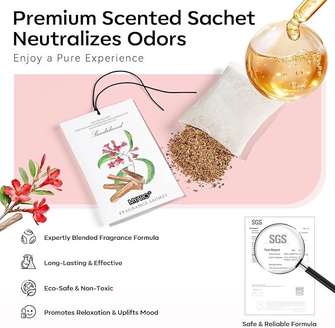 MYARO 12 Pack Sandalwood Scented Sachets for Drawer, Closet & Small Spaces Air Freshener Bags, Odor Eliminator for Clothes, Car, Wardrobe, Home Fragrance Gift Set