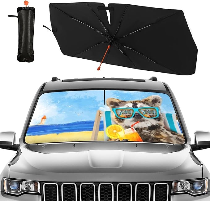 CHILL·TEK Funny Animal Car Windshield Sun Shade Umbrella, Funny Raccoon Car Sun Shade Umbrella, Block UV Rays Heat Foldable Windshield Umbrella Sun Visor Protector - Keep Vehicle Cool for Cars SUV