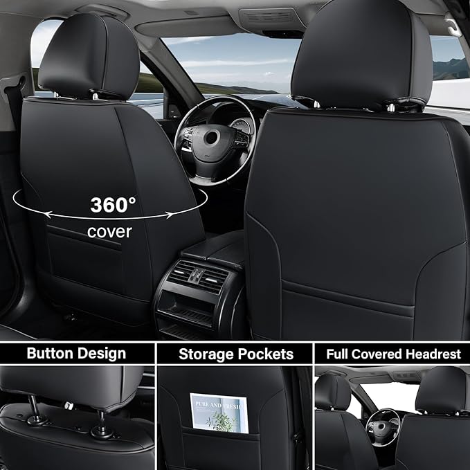 Coverado Car Seat Covers Full Set, Black Gray Seat Covers for Cars, Waterproof Nappa Leather Automotive Seat Covers with Lumbar Head Pillow, Car Seat Protectors, Universal Fit for Most Cars SUV