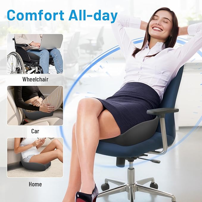 Memory Foam Seat Cushion for Office Chair, Ergonomic Coccyx Cushion for Desk Chair, Tailbone Support Pillow for Long Sitting, Non-Slip Seat Pad for Home, Car, Gaming Chair (Grey, X-Large)
