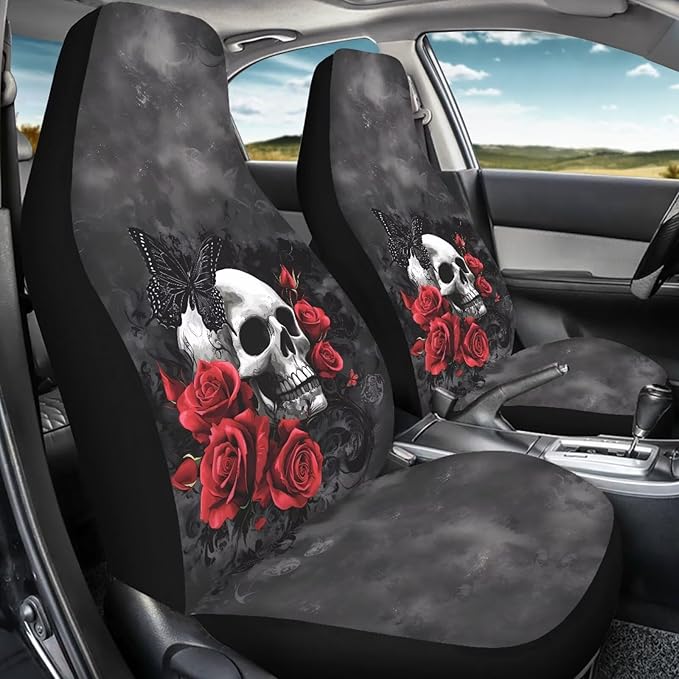 Cool Skull Rose Car Seat Covers for Front Seats Ethnic Style Bucket Seat Covers Universal Fit for SUV Truck Sedan Front Seat Protector,2 Piece Set