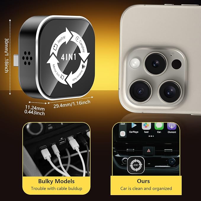 4 in 1 Wireless Carplay Adapter 2026 Upgrade, Ultra-mini Size USB Design Wired to Wireless Adapter for Apple Carplay & Android Auto & Airplay & Mirror Link, Plug and Play (Black)