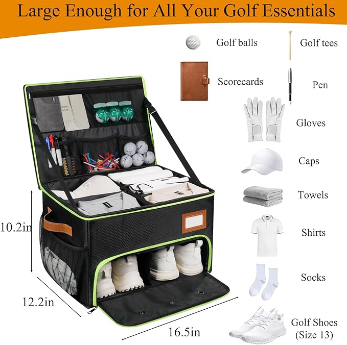 2 Layer Golf Trunk Organizer, Golf Organizer with 2 Pairs Shoes Compartment, Golf Storage Waterproof Car Trunk Locker for Balls, Caps, Clothes, Gloves, Accessories, Gifts for Golfers