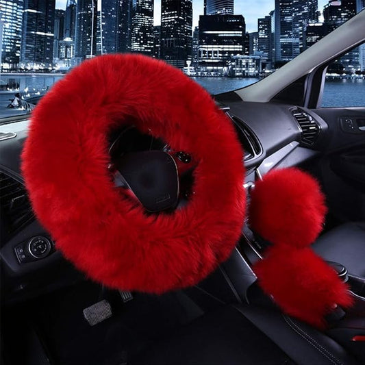 1 Set 3 Pcs Car Steering Wheel Cover & Handbrake Cover & Gear Shift Cover Set Faux Wool Warm Winter (Wine Red-3pcs)