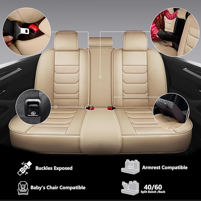 Full Coverage Faux Leather Car Seat Covers Full Set,Automotive Seat Covers for Cars,SUVs Pick-up Truck, Car Seat Cushion, Beige Seat Covers for 5 Seats,Car Seat Protector