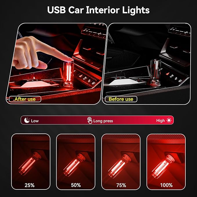 4 PCS USB Night Light, Touch Dimmable Mini USB LED Car Interior Ambient Lights, Portable Plug-in Glass Bottle Night Lamp for Car, Tent, Desk, Bedside(1Red1Blue1Green1Purple)