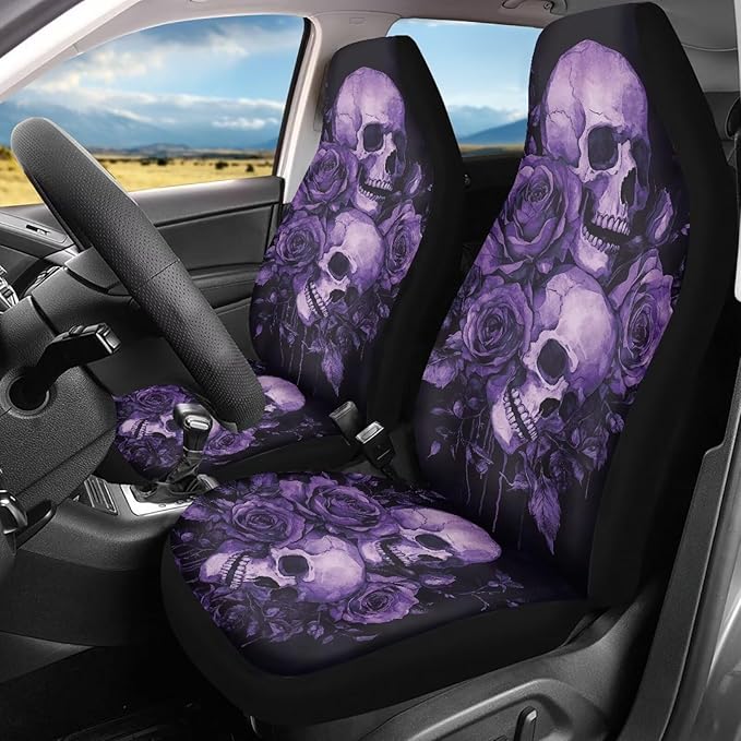 Purple Skull Rose Car Front Seat Covers Elastic Fabrics Universal Front Seat Cover Removable Automotive Accessories Easy Installation Suitable for Cars, SUV and Trucks