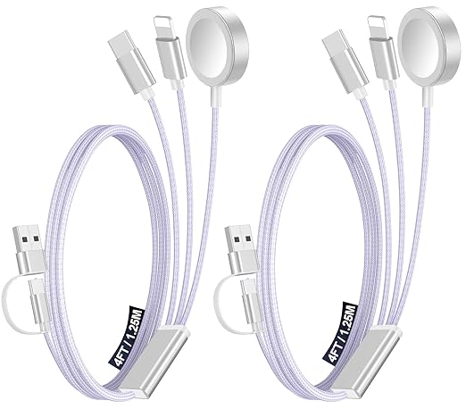 2 Pack Multi Charging Cable Cord for Travel Essentials,Apple Watch Charger,iPhone Charger,[3-in-2] Type C/L Cable Portable Designed for iWatch,iPhone 17-8,Galaxy S25-21,AirPods,iPad-4FT Purple