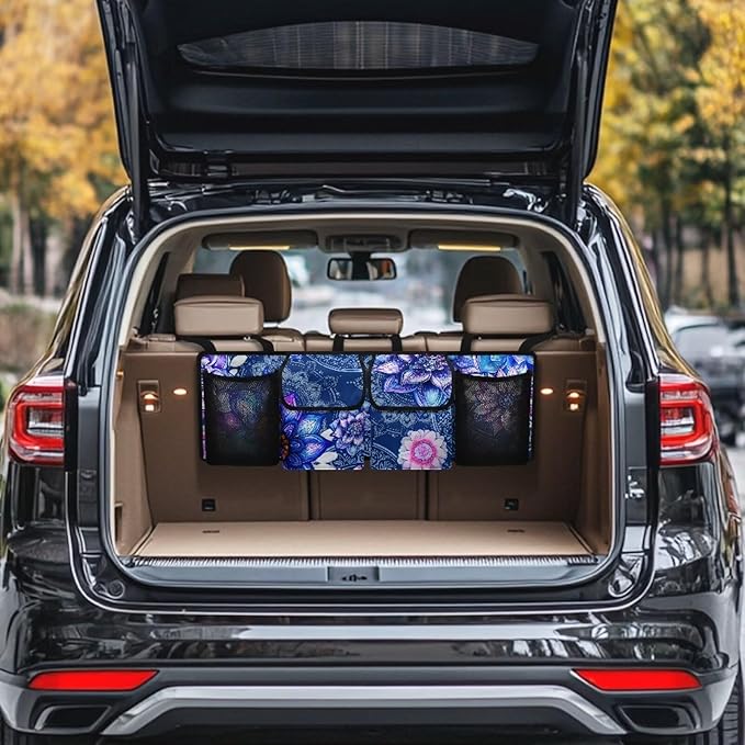 Boho Style Trunk Organizer with Lid Car Women Mandala Floral Blossom Back of Seat Car Organizer for SUVs Sedans