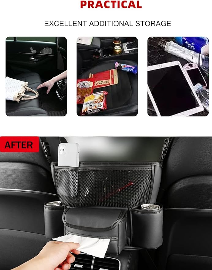 Car Pocket Handbag Holder - Leather Seat Back Organizer Barrier for Backseat Pet & Kids (Black with Tissue Box)