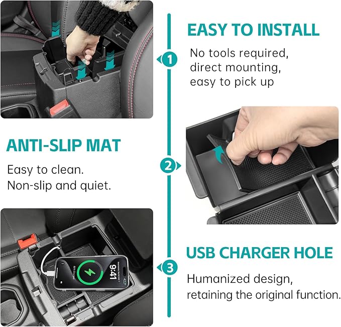 Center Console Organizer Compatible with 2018-2026 Jeep Wangler JL JLU 4xe Rubicon Sahara & 2020-2026 Gladiator JT Accessories, Armrest Storage Box Tray Fit for Jeep Interior Accessories