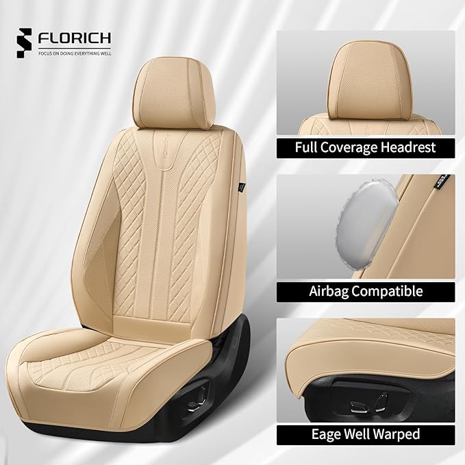 FLORICH Front Seat Covers, Leather Car Seat Covers Luxury Automotive Seat Covers Waterproof Car Seat Protectors Universal Fit for Most Cars SUV Trucks Vehicles, Beige