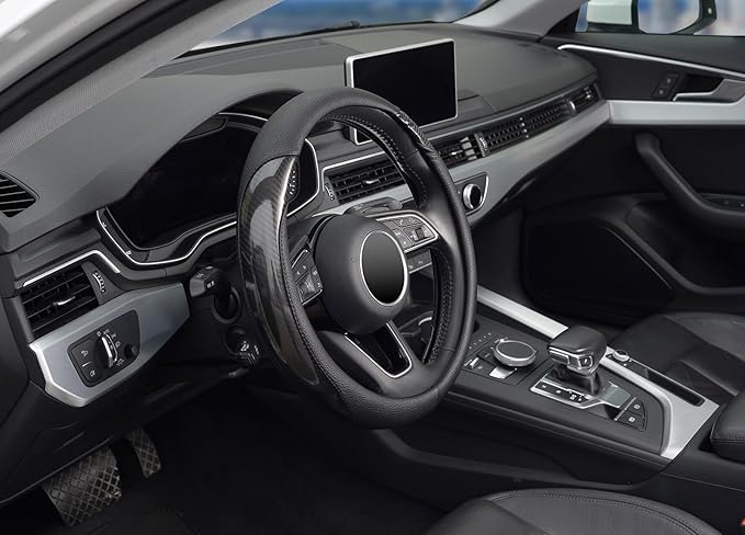ZHOL Car Steering Wheel Cover Universal 14 1/2"-15" Leather Carbon Fiber Anti-Slip Car Accessories, Black