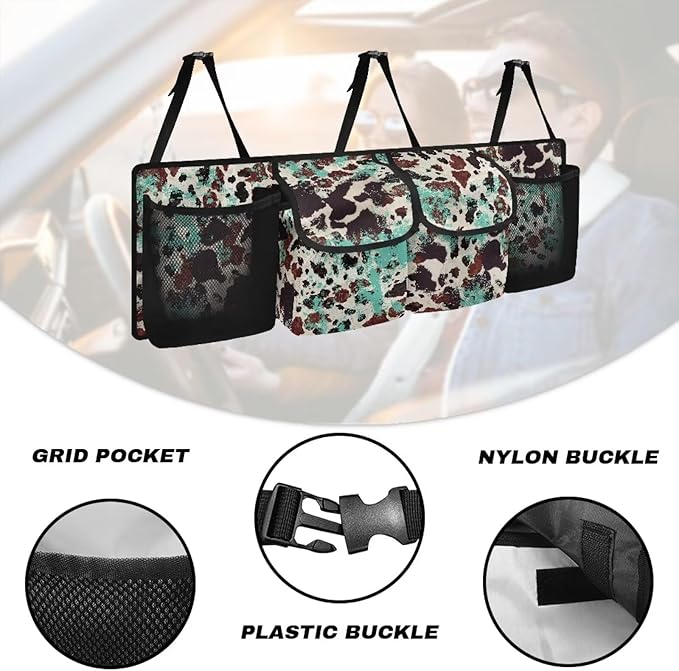 Hanging Car Back Seat Organizer Mint Black Brown Cow Spots Car Backseat Trunk Organizer for Grocery Cargo Storage Bag